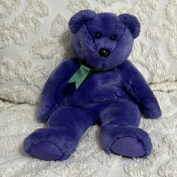 TY Beanie Babies 2000 Purple 12” Stuff Animal with green bow. - Picture 8 of 10